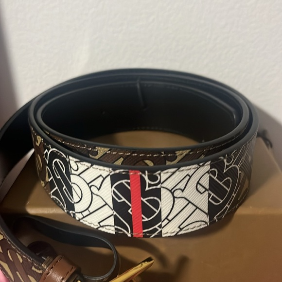 Burberry Monogram Stripe E-canvas and Leather Belt, brindle brown NEW - Picture 2 of 7